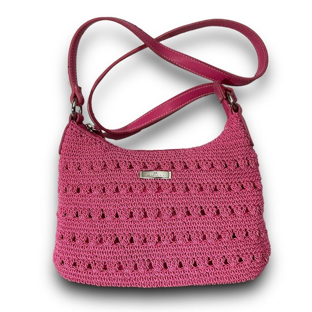 Minicci Crocheted Knit Macrame Pink Crossbody Bag Shoulder Bag Purse Handbag